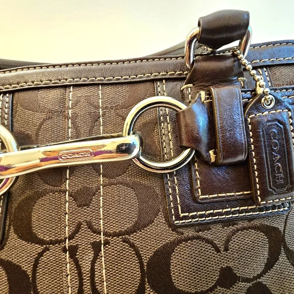 Dark Brown Coach Purse With Leather Trim - Picture 2 of 11